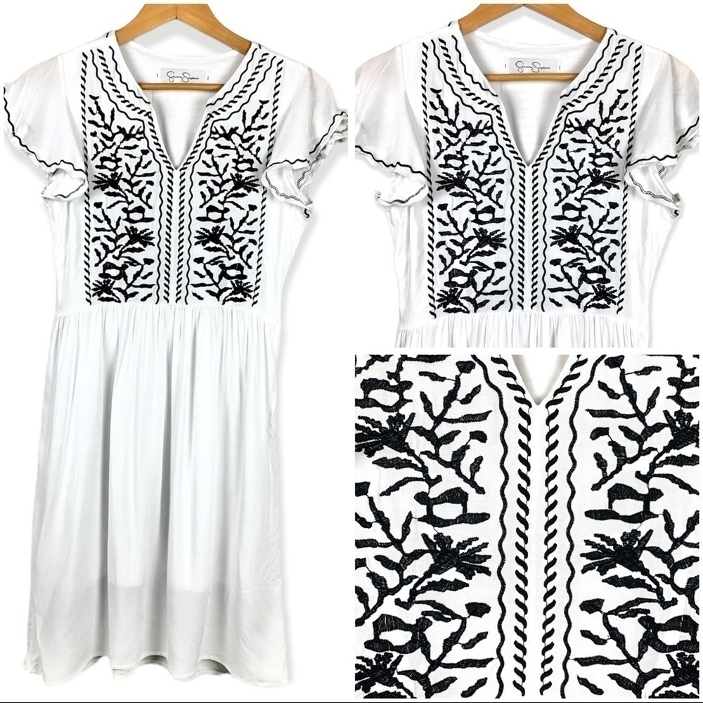 Jessica Simpson White Black Embroidered Dress